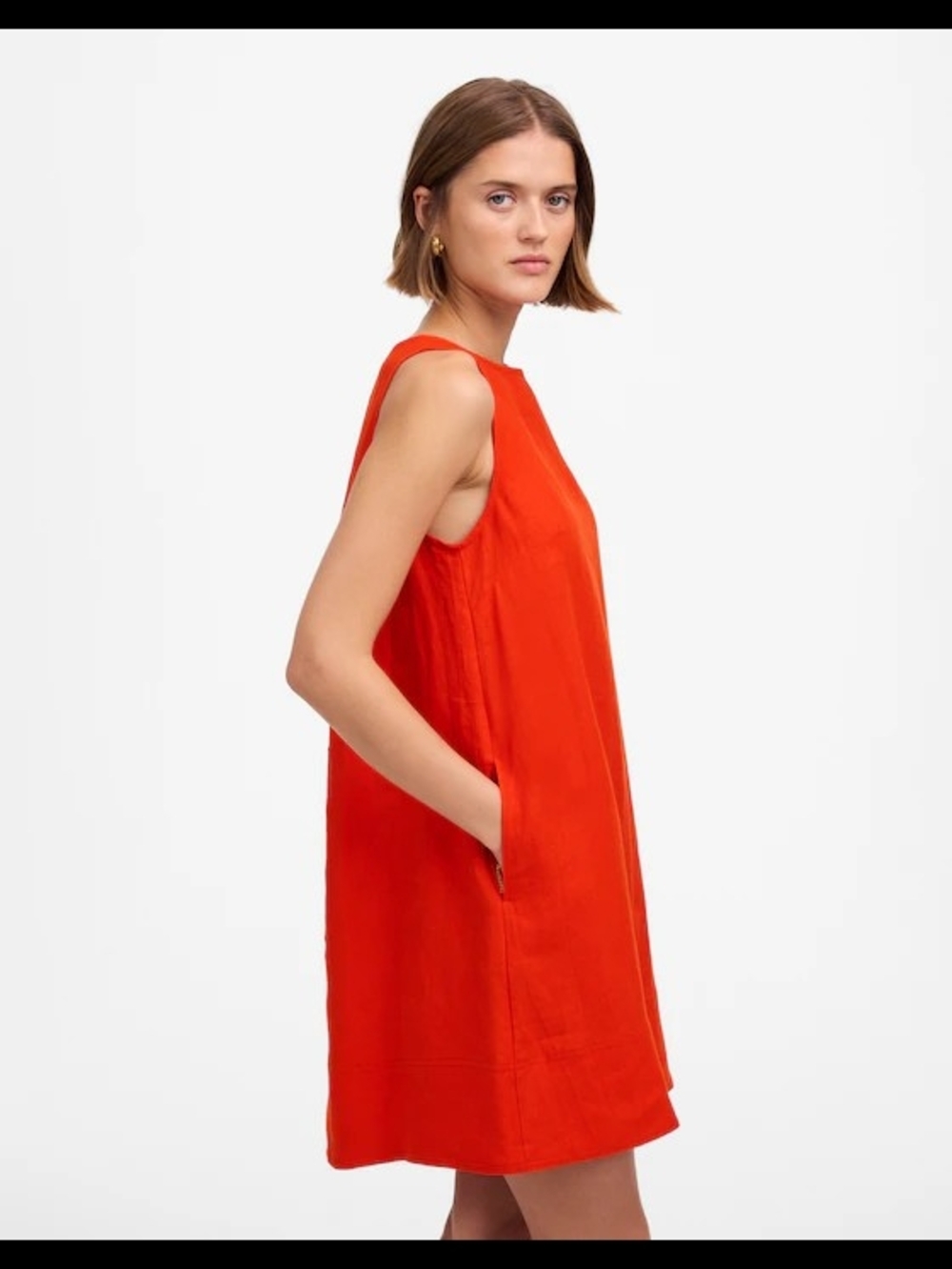 Madewell Mini Shift Dress In Linen, Bright Flame Red/Orange Medium